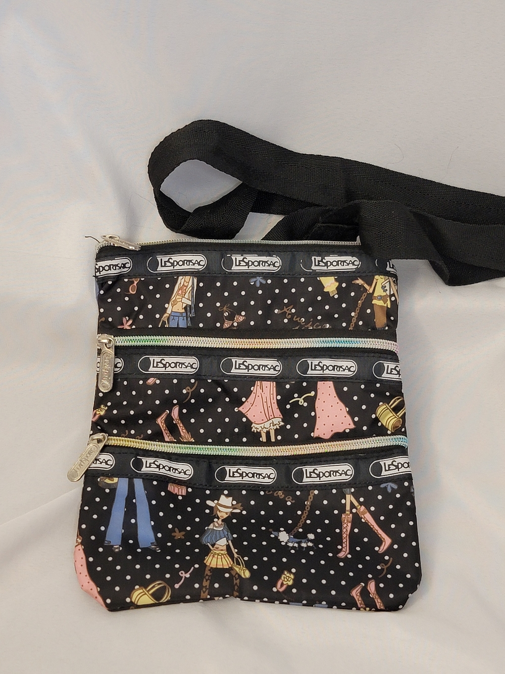 Lesportsac Black Crossbody Bag with Pink and Blue Fashion Print